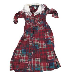 LG Star Vintage Red‎ Patchwork Plaid Lace Collar Midi Dress Womens 14 Rayon 90s